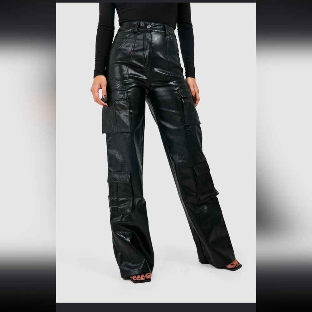 Black Faux Leather Cargo Pants